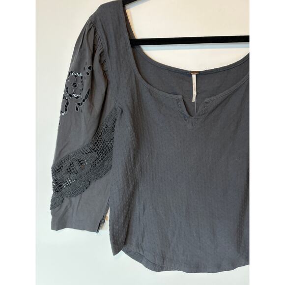 Free People Brunch Date Top Henley Metal Stiletto L Gray Boho Lace Cottagecore - Picture 6 of 14